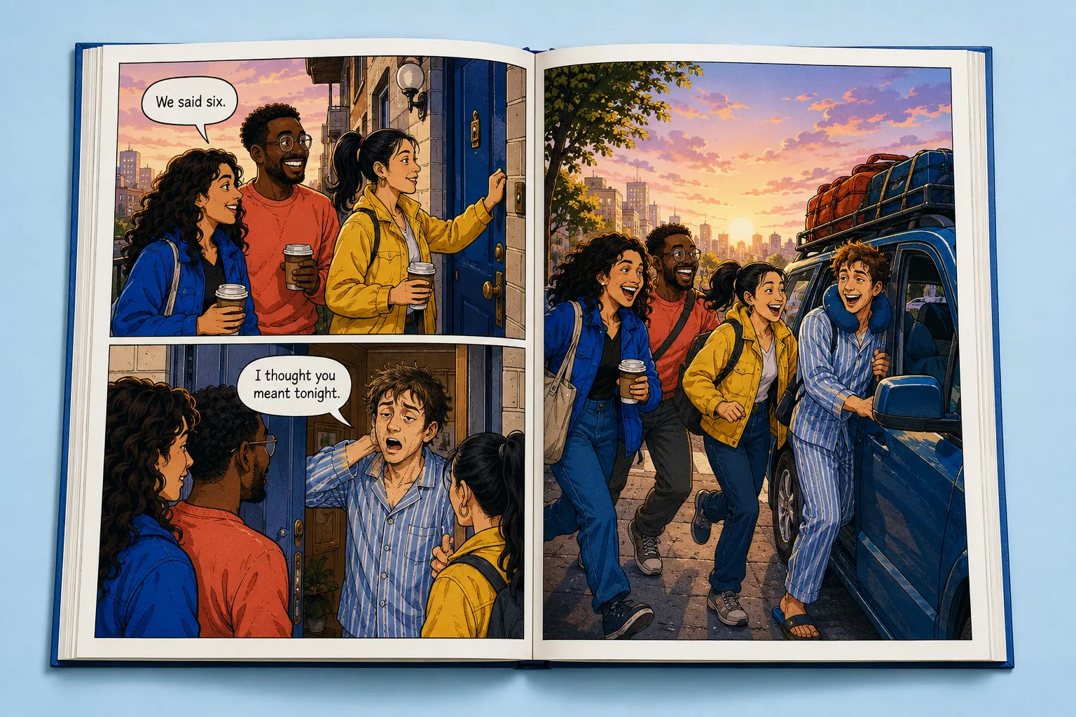 Hardcover comic concept of four friends on a chaotic dawn road trip
