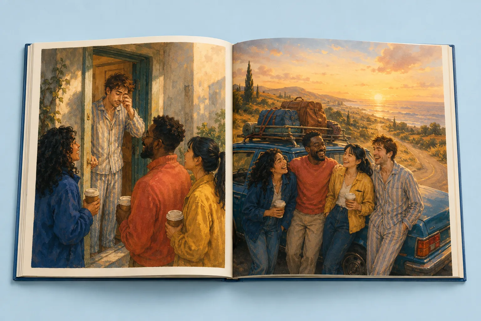 Illustrated hardcover concept of the fictional friends’ road trip